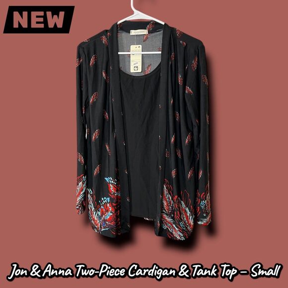 Jon & Anna Tops - New Jon & Anna Layered Cardigan Tank Top – Black Feather Print – Size Small